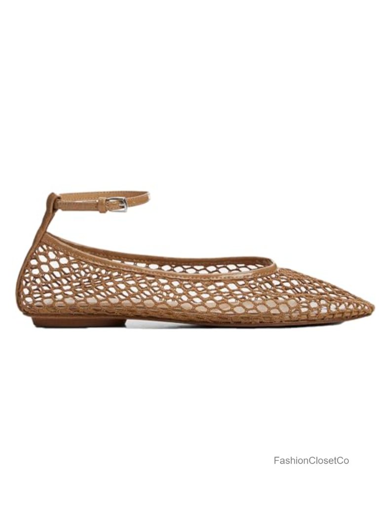 Mesh Ankle Strap Flats Round Toe Mary Jane Shoes Comfortable Ballet Flats